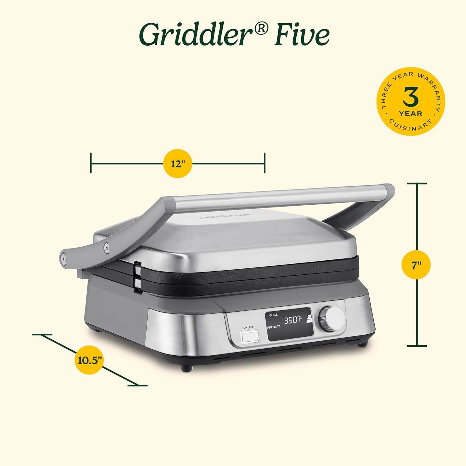 imageCuisinart Electric Griddler FIVE Countertop Grill Enjoy 5in1 Functions Including Panini Press LCD Display Wide Temperature Range and Sear Function Nonstick Plates GR5NAS Stainless SteelDigital