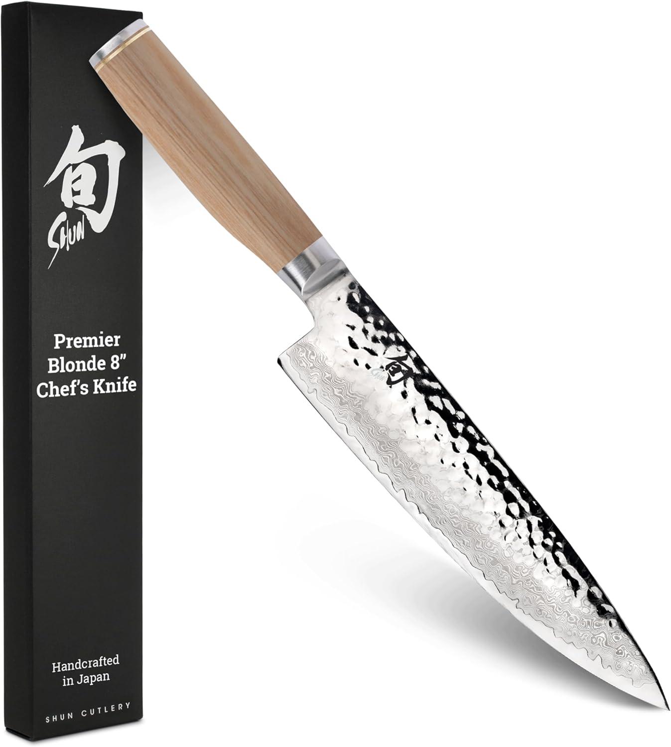 imageShun Premier Blonde 8 Chefs Knife Handcrafted Japanese Kitchen Knife for Professional and Home Chefs VGMAX Core with Damascus Stainless Steel Cladding Pakkawood HandleBlonde