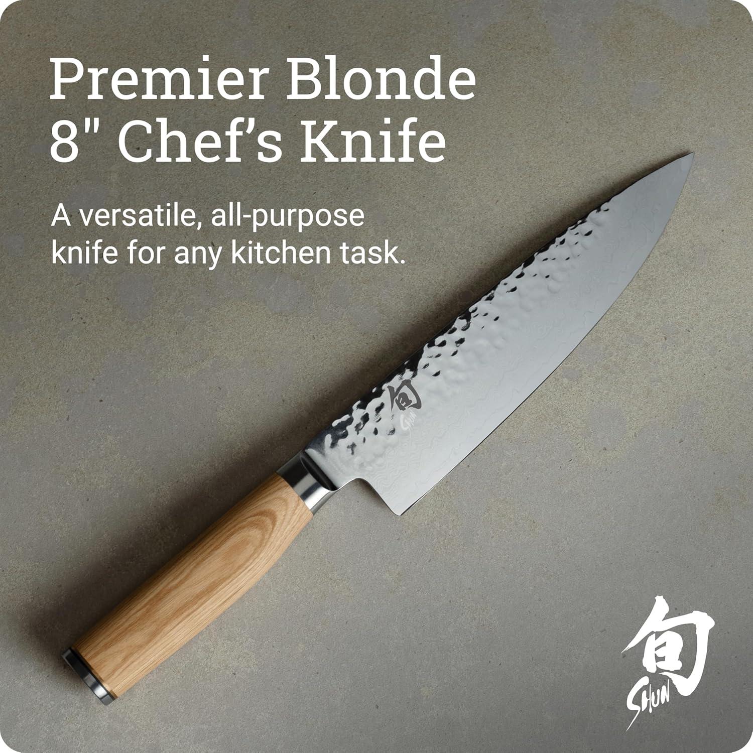 imageShun Premier Blonde 8 Chefs Knife Handcrafted Japanese Kitchen Knife for Professional and Home Chefs VGMAX Core with Damascus Stainless Steel Cladding Pakkawood HandleBlonde