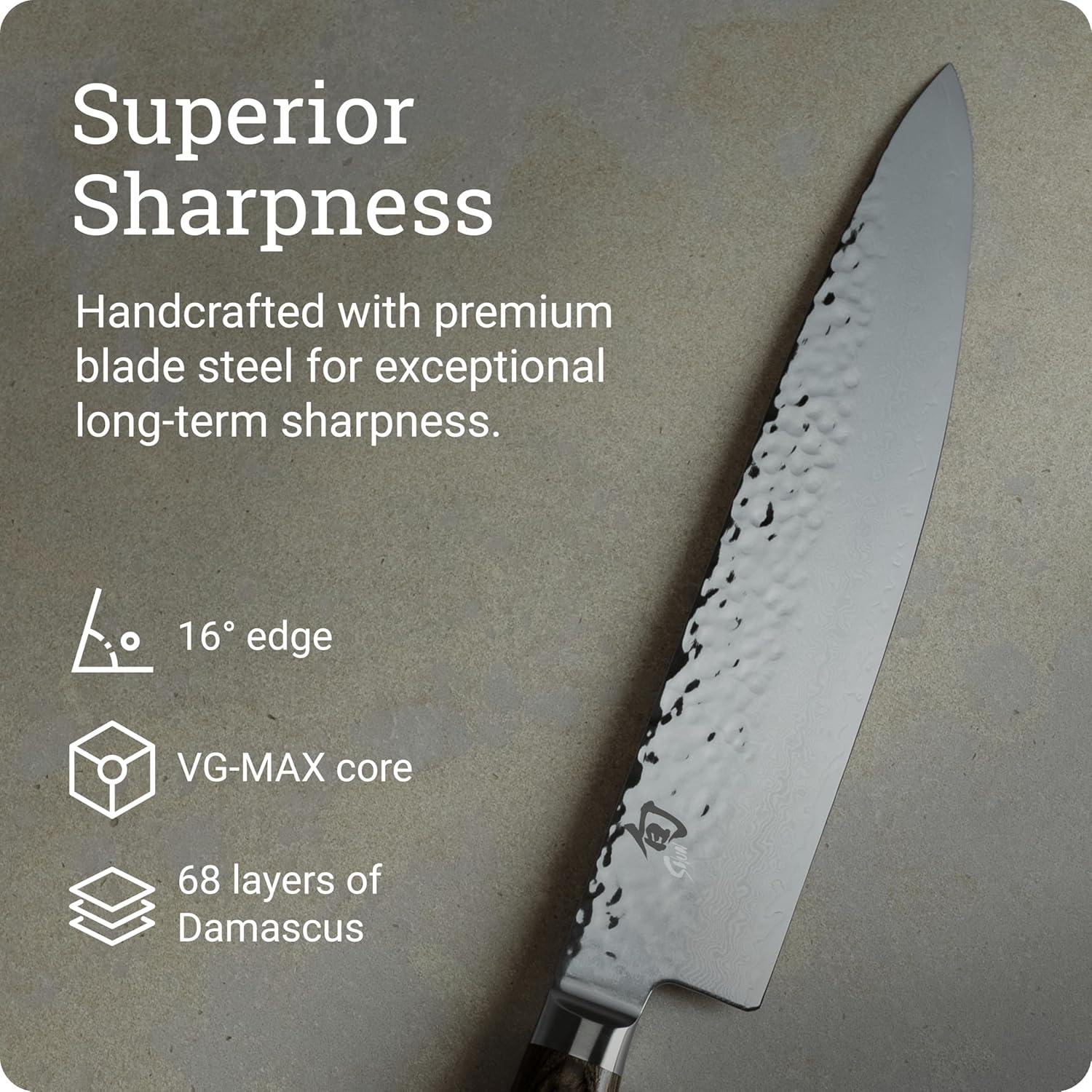 imageShun Premier Blonde 8 Chefs Knife Handcrafted Japanese Kitchen Knife for Professional and Home Chefs VGMAX Core with Damascus Stainless Steel Cladding Pakkawood HandleBrown