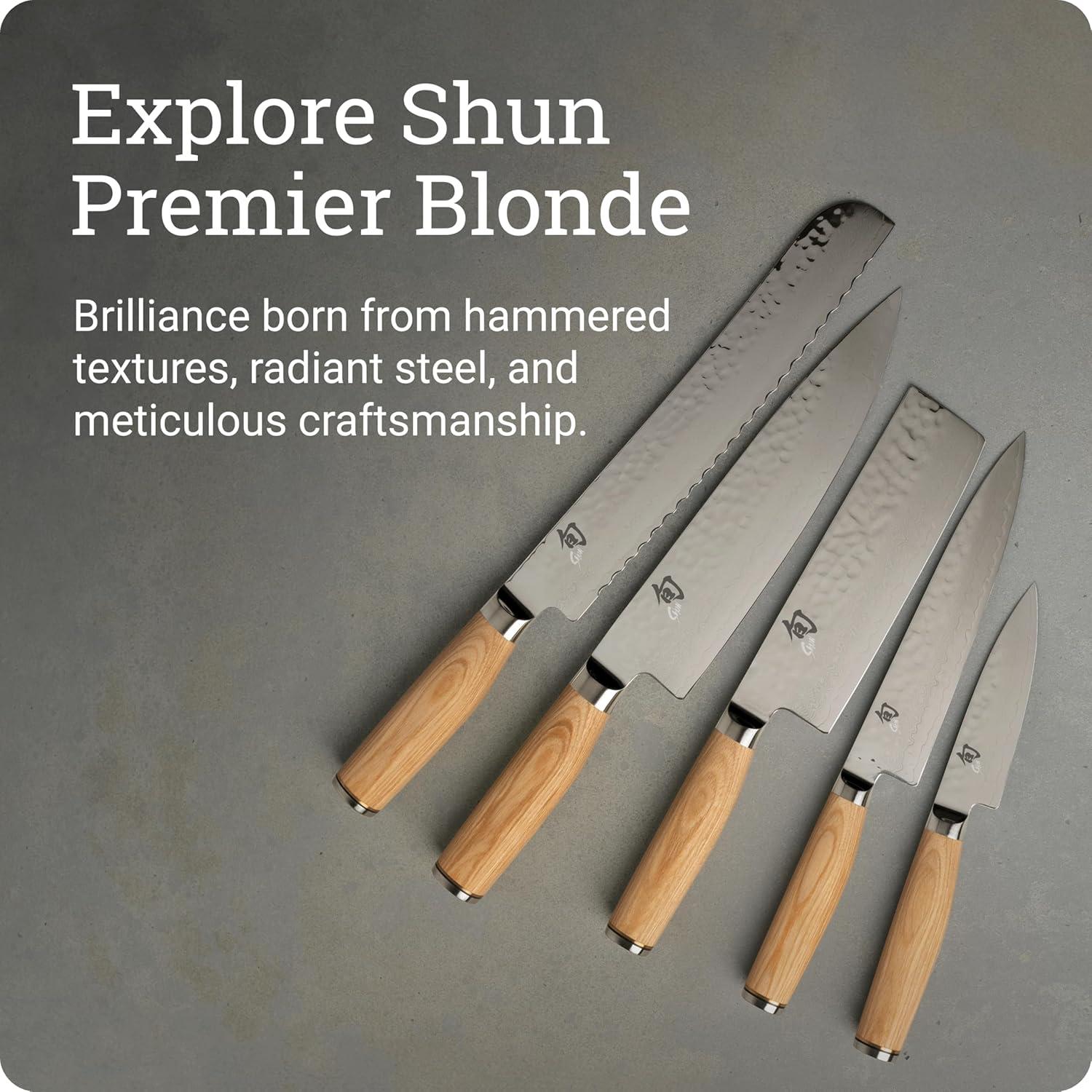 imageShun Premier Blonde 8 Chefs Knife Handcrafted Japanese Kitchen Knife for Professional and Home Chefs VGMAX Core with Damascus Stainless Steel Cladding Pakkawood HandleBlonde