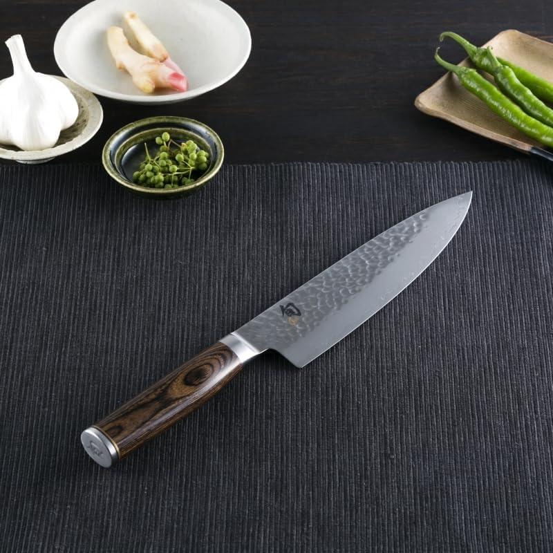 imageShun Premier Blonde 8 Chefs Knife Handcrafted Japanese Kitchen Knife for Professional and Home Chefs VGMAX Core with Damascus Stainless Steel Cladding Pakkawood HandleBrown