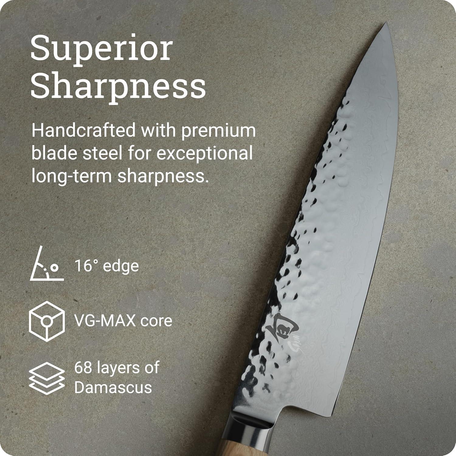 imageShun Premier Blonde 8 Chefs Knife Handcrafted Japanese Kitchen Knife for Professional and Home Chefs VGMAX Core with Damascus Stainless Steel Cladding Pakkawood HandleBlonde