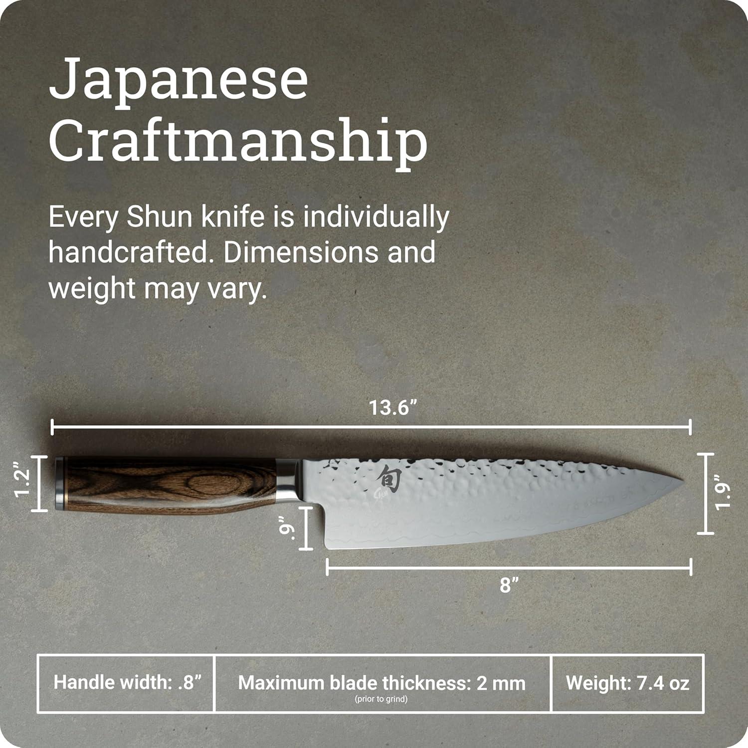 imageShun Premier Blonde 8 Chefs Knife Handcrafted Japanese Kitchen Knife for Professional and Home Chefs VGMAX Core with Damascus Stainless Steel Cladding Pakkawood HandleBrown
