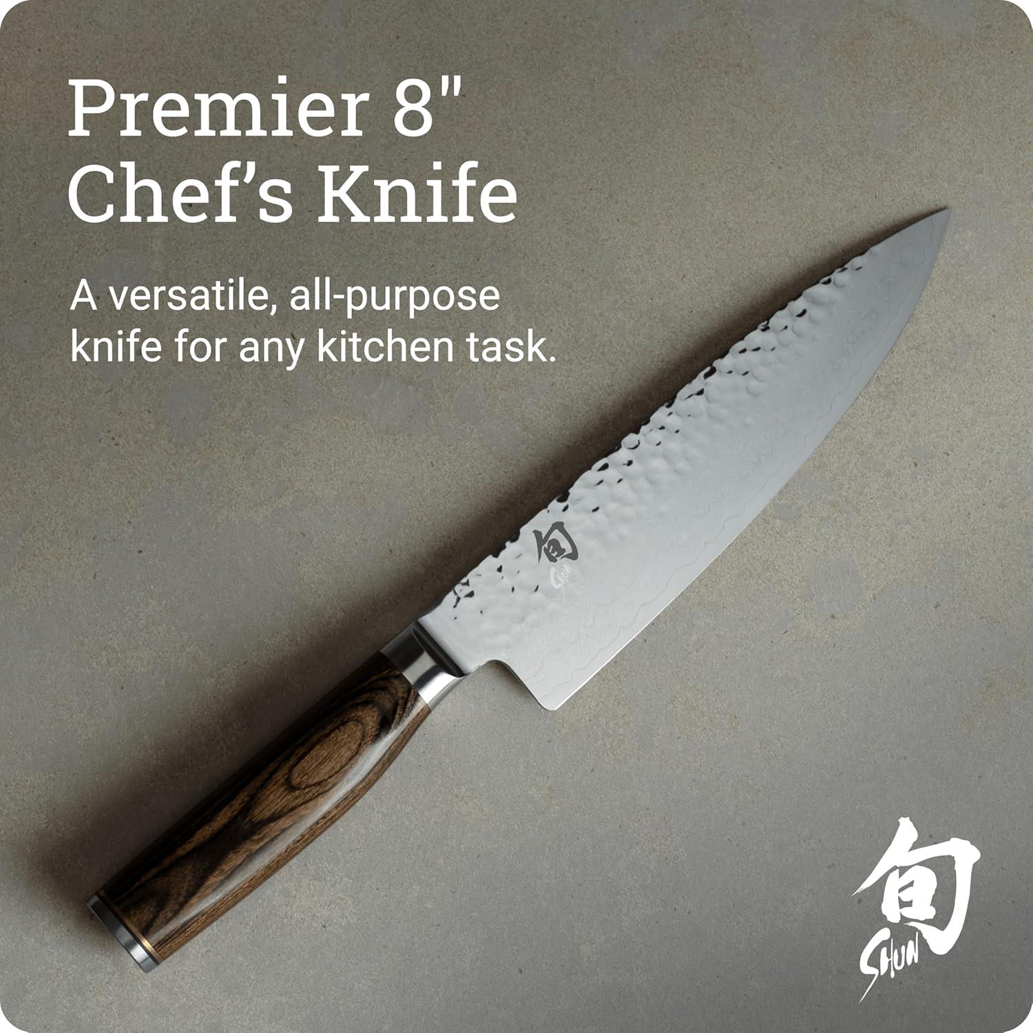 imageShun Premier Blonde 8 Chefs Knife Handcrafted Japanese Kitchen Knife for Professional and Home Chefs VGMAX Core with Damascus Stainless Steel Cladding Pakkawood HandleBrown