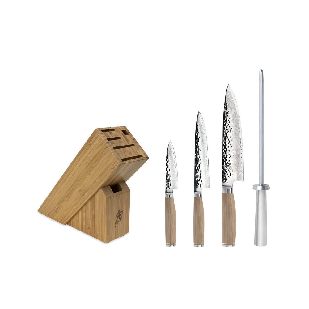 imageShun Premier Blonde 5 Piece Starter Block Set Includes 8 Chef 4 Paring 65 Utility Knives Honing Steel amp Bamboo Knife Block Handcrafted Japanese Knife Set Pakkawood HandlesBlonde