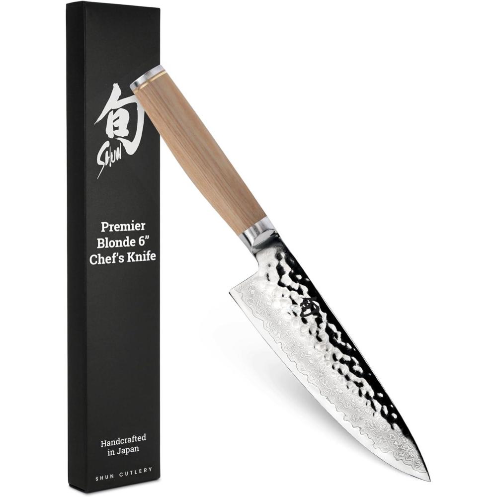 imageShun Premier Blonde 8 Chefs Knife Handcrafted Japanese Kitchen Knife for Professional and Home Chefs VGMAX Core with Damascus Stainless Steel Cladding Pakkawood HandleBlonde
