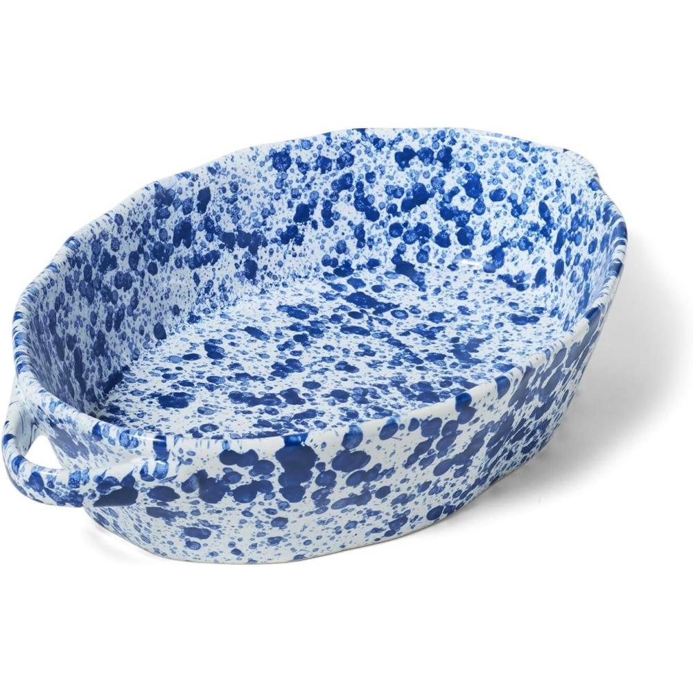 imageSur La Table Splatter Stoneware Oval Baker  24 Qt Casserole Dish with Vintage SpongewareInspired Design 138 x 89 Oven Freezer amp Dishwasher Durable for Everyday Baking Blue