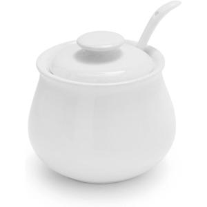 Sur La Table White Porcelain Sugar Bowl with Spoon – 11 oz Coffee & Tea Sugar Holder, Simple & Stylish Whiteware for Everyday Use or Entertaining, Matching Creamer Available, Dishwasher – Includes 4″