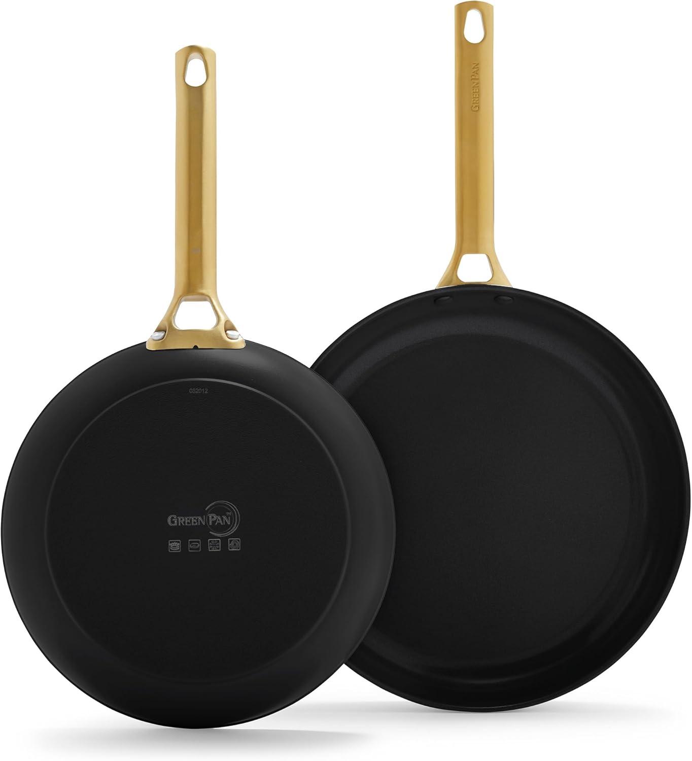 imageGreenPan Hard Anodized Healthy Ceramic Nonstick 10 and 12 Frying Pan Skillet Set Gold Handle PFASFree Dishwasher Safe Oven Safe TaupeBlack