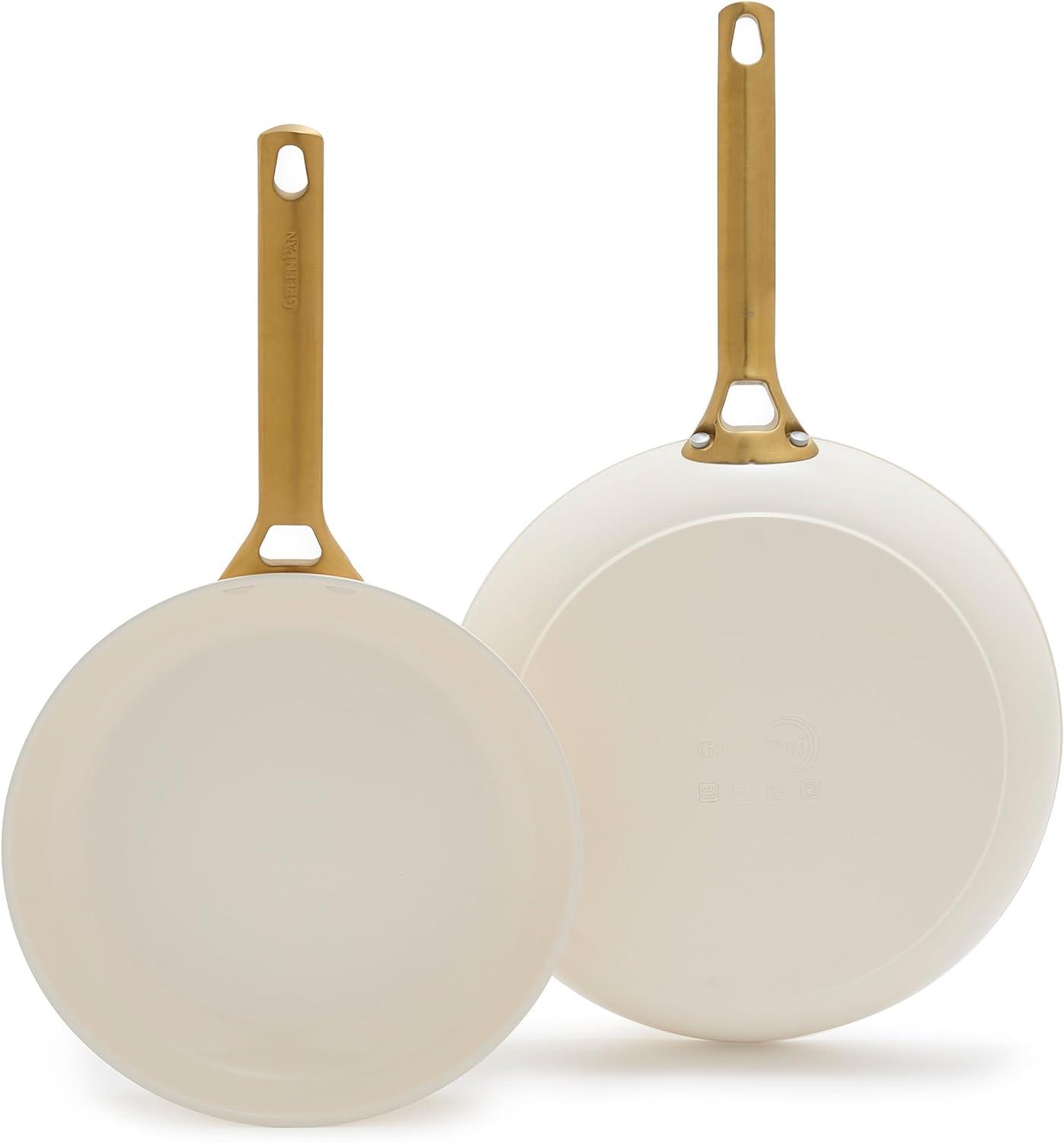 imageGreenPan Hard Anodized Healthy Ceramic Nonstick 10 and 12 Frying Pan Skillet Set Gold Handle PFASFree Dishwasher Safe Oven Safe TaupeCream White