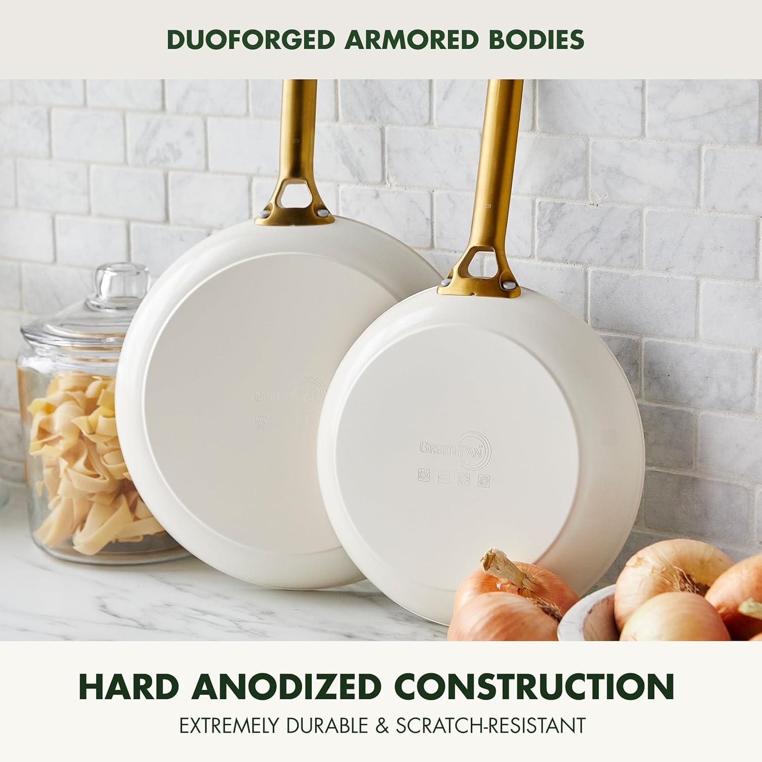 imageGreenPan Hard Anodized Healthy Ceramic Nonstick 10 and 12 Frying Pan Skillet Set Gold Handle PFASFree Dishwasher Safe Oven Safe TaupeCream White