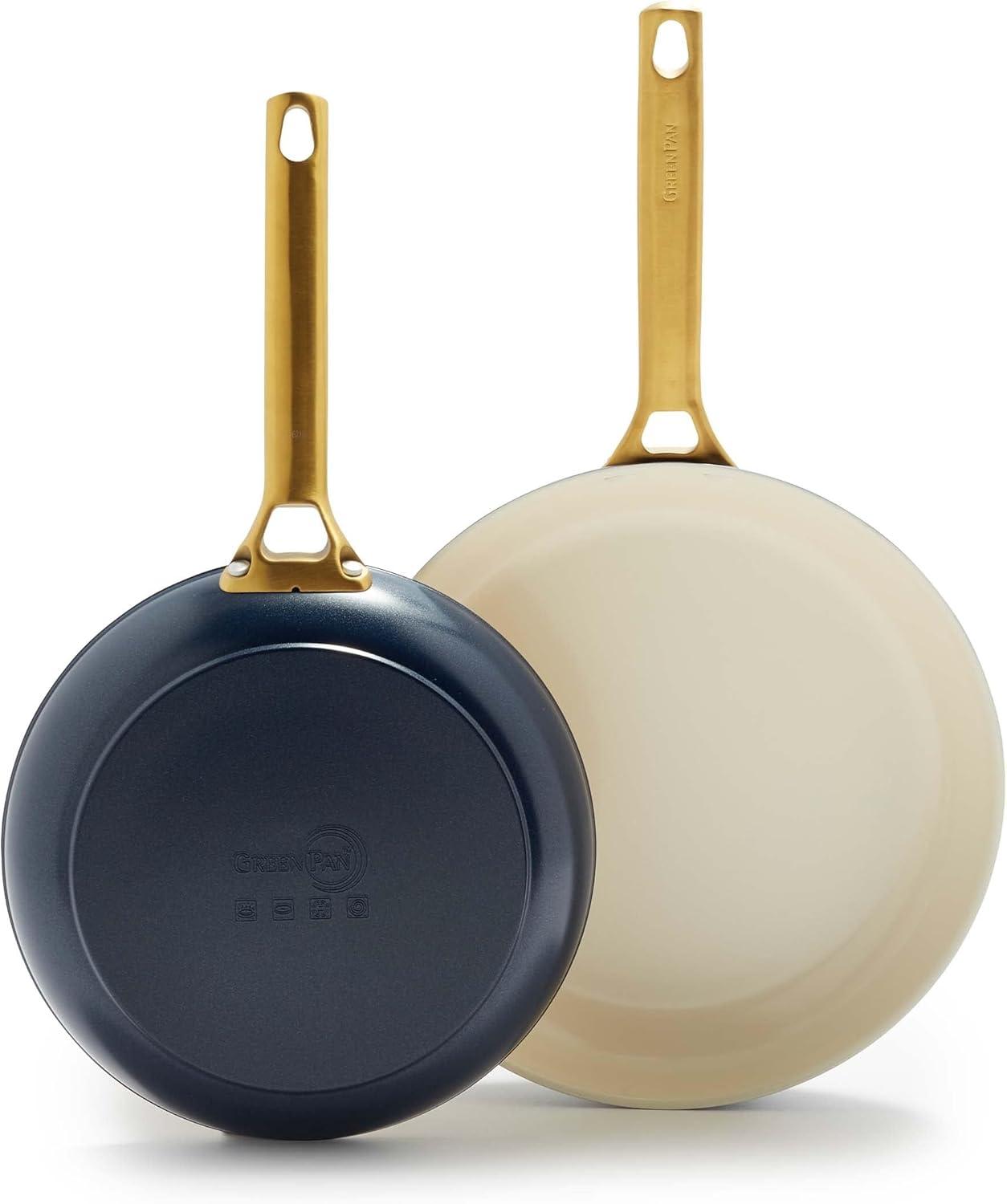 imageGreenPan Hard Anodized Healthy Ceramic Nonstick 10 and 12 Frying Pan Skillet Set Gold Handle PFASFree Dishwasher Safe Oven Safe TaupeTwilight Blue