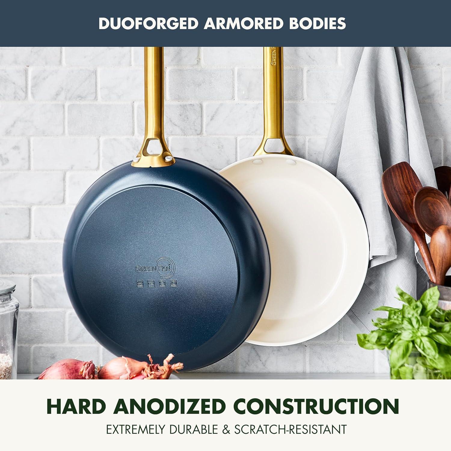 imageGreenPan Hard Anodized Healthy Ceramic Nonstick 10 and 12 Frying Pan Skillet Set Gold Handle PFASFree Dishwasher Safe Oven Safe TaupeTwilight Blue