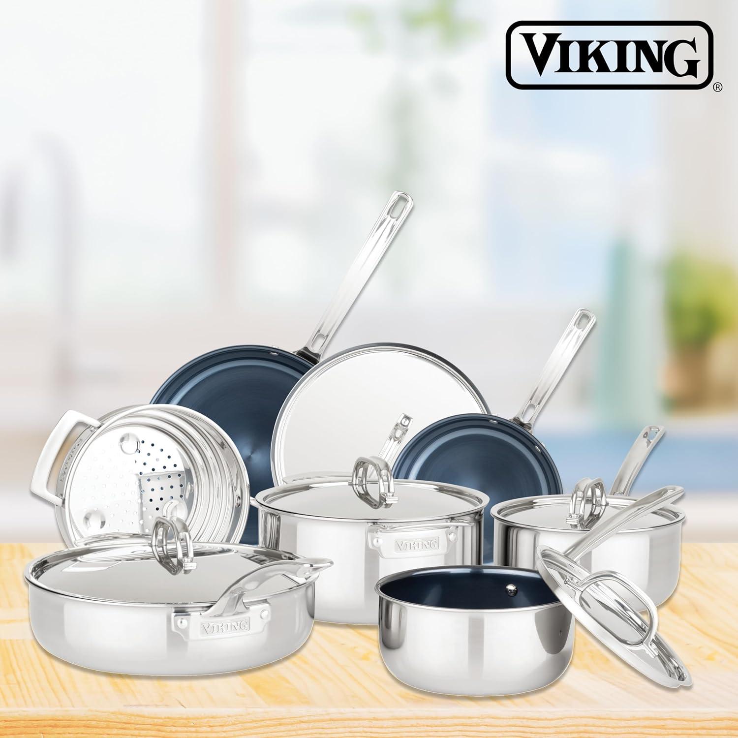imageViking 4Ply Frying Pan 8 Inch Laser Clad Titanium Performance Ti Kitchen Cookware BlueSIlver10 Inch