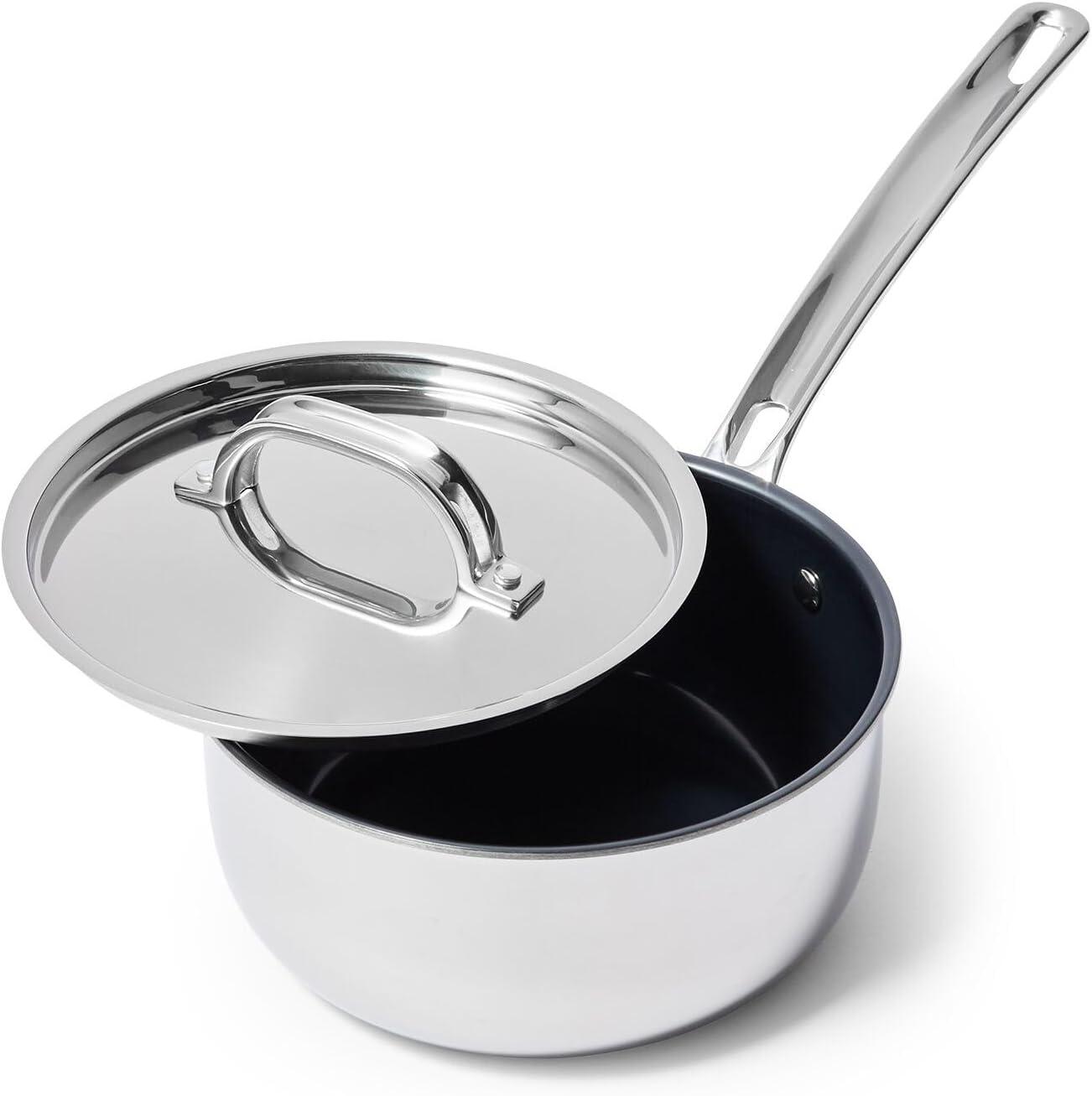 imageViking 4Ply Sauce Pan with Lid 3 Quart Laser Clad Titanium Performance Ti Saucepan Cooking Pot Dishwasher and Oven Safe Induction Ready BlueSilver