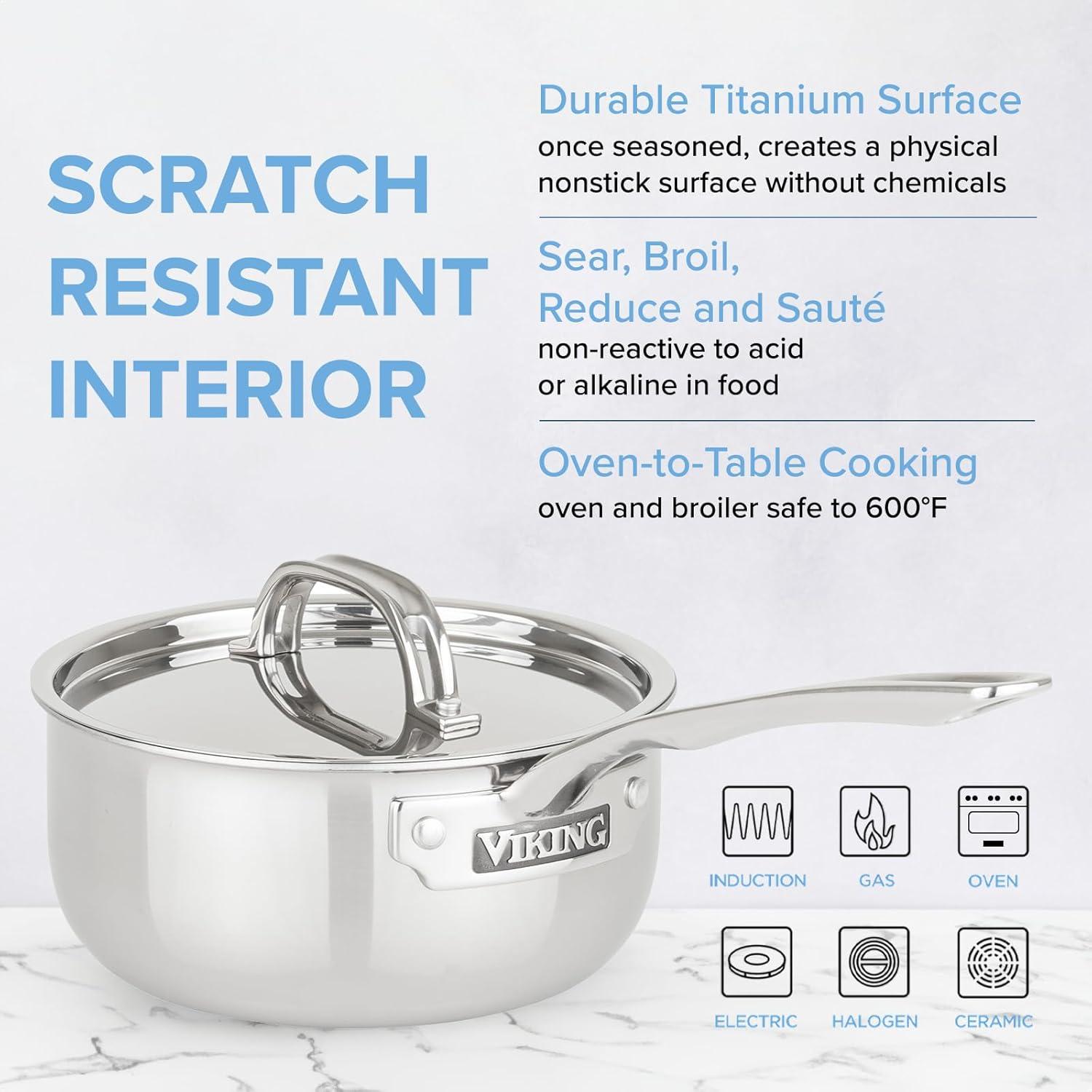 imageViking 4Ply Sauce Pan with Lid 3 Quart Laser Clad Titanium Performance Ti Saucepan Cooking Pot Dishwasher and Oven Safe Induction Ready BlueSilver