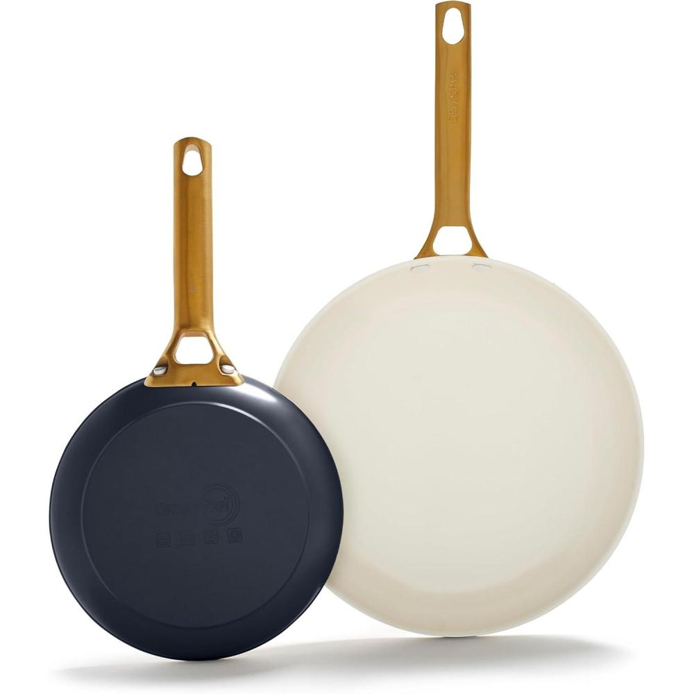 imageGreenPan Hard Anodized Healthy Ceramic Nonstick 10 and 12 Frying Pan Skillet Set Gold Handle PFASFree Dishwasher Safe Oven Safe TaupeTwilight Blue