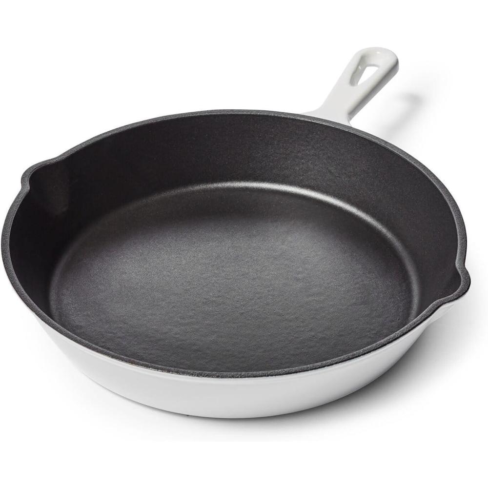imageSur La Table Enameled Cast Iron Skillet 10 Frying Pan for Searing Sauting amp Baking Oven to 500F Induction Compatible Durable Nonstick Interior Even Heat Distribution White