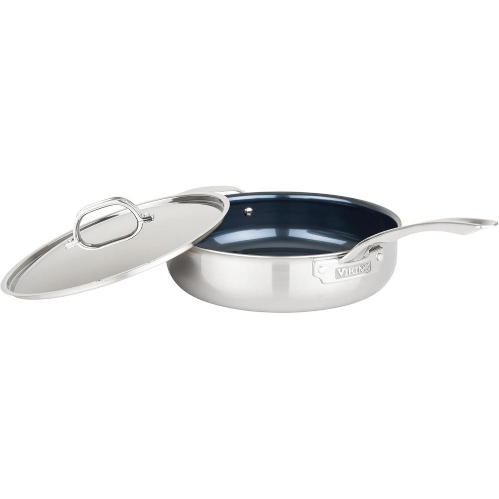 imageViking 4Ply Deep Frying Pan with Lid 45 Quart Laser Clad Titanium Performance Ti Saute Cooking Pot Dishwasher and Oven Safe Induction Ready BlueSilver