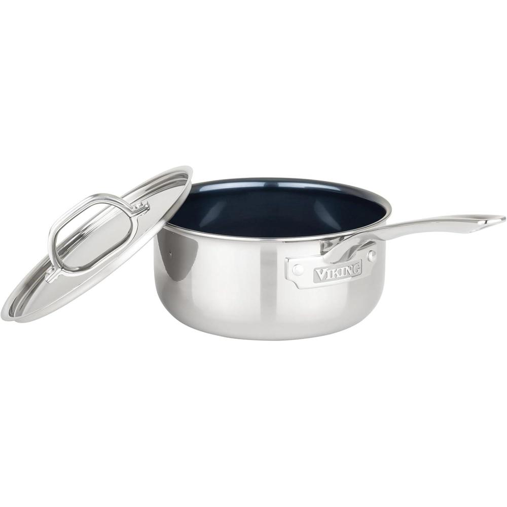 imageViking 4Ply Sauce Pan with Lid 3 Quart Laser Clad Titanium Performance Ti Saucepan Cooking Pot Dishwasher and Oven Safe Induction Ready BlueSilver