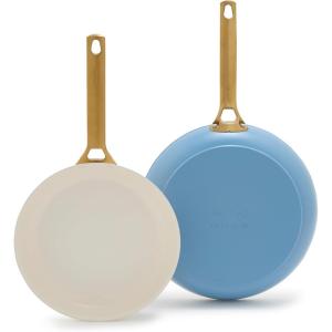 GreenPan Hard Anodized Healthy Ceramic Nonstick 10″ and 12″ Frying Pan Skillet Set, Gold Handle, PFAS-Free, Dishwasher Safe, Oven Safe, Taupe(Sky Blue)