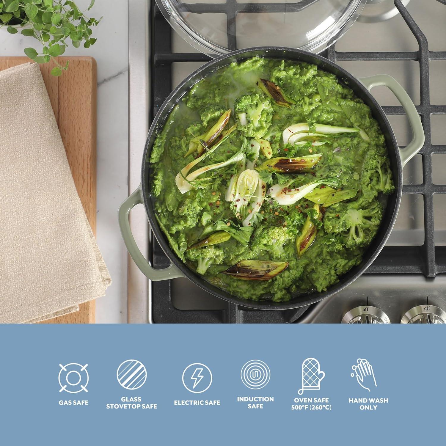 imageSur La Table Kitchen Essential Main Canteen 95 PreSeasoned Cast Iron Skillet wWood Handle Natural Nonstick Lightweight Frying Pan for Searing Sauting amp Everyday Cooking BlueJuniper Green 5qt Dutch