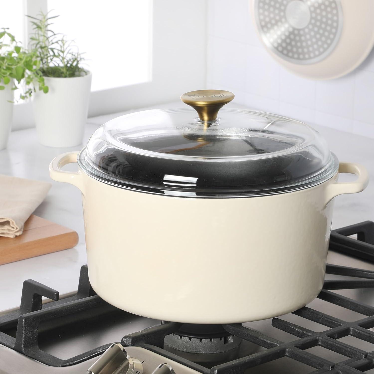 imageSur La Table Kitchen Essential Main Canteen 95 PreSeasoned Cast Iron Skillet wWood Handle Natural Nonstick Lightweight Frying Pan for Searing Sauting amp Everyday Cooking BlueEggshell White 5qt Dutch