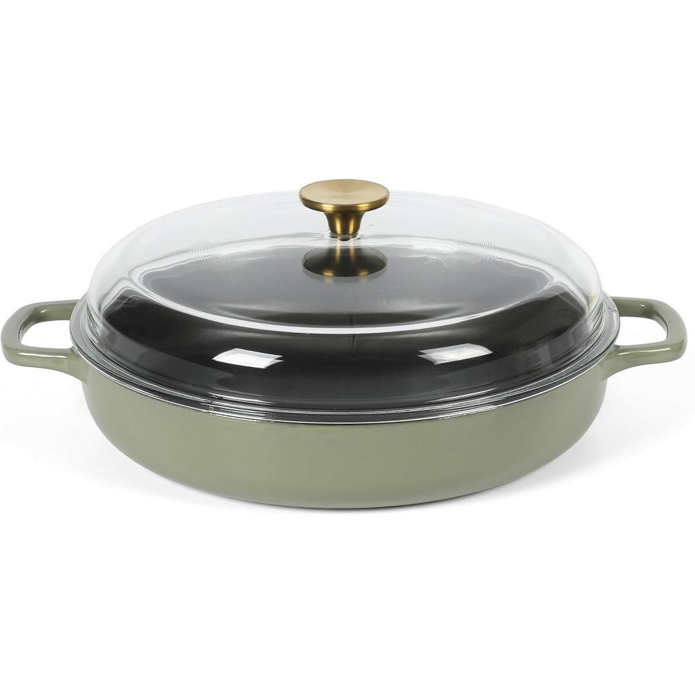 imageSur La Table Kitchen Essential Main Canteen 95 PreSeasoned Cast Iron Skillet wWood Handle Natural Nonstick Lightweight Frying Pan for Searing Sauting amp Everyday Cooking BlueJuniper Green Braiser