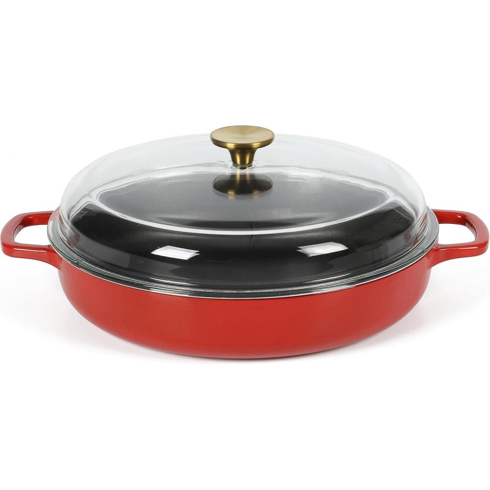 imageSur La Table Kitchen Essential Main Canteen 95 PreSeasoned Cast Iron Skillet wWood Handle Natural Nonstick Lightweight Frying Pan for Searing Sauting amp Everyday Cooking  BlueRed Braiser