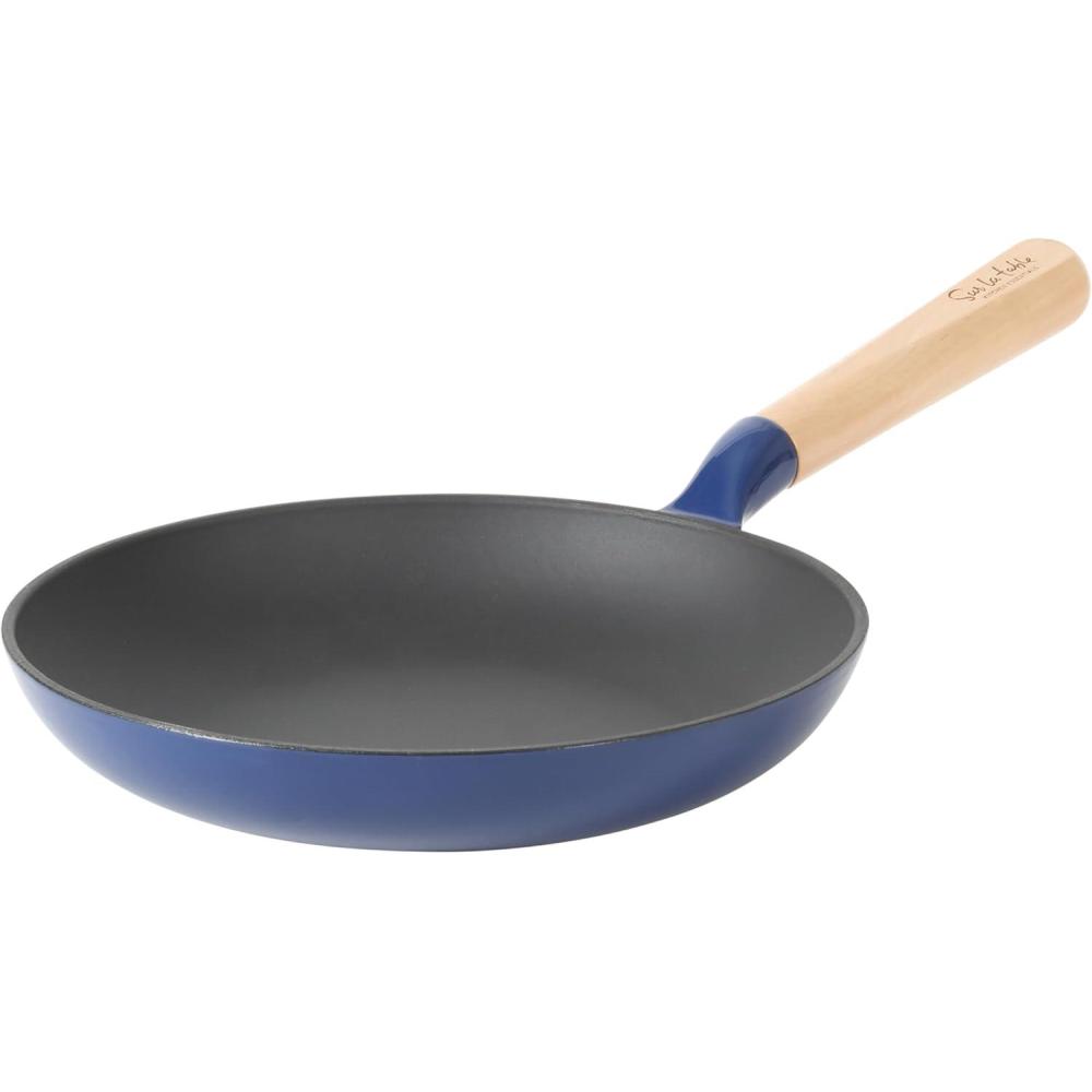 imageSur La Table Kitchen Essential Main Canteen 95 PreSeasoned Cast Iron Skillet wWood Handle Natural Nonstick Lightweight Frying Pan for Searing Sauting amp Everyday Cooking BlueBlue Skillet