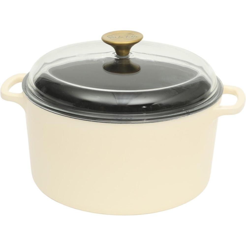 imageSur La Table Kitchen Essential Main Canteen 95 PreSeasoned Cast Iron Skillet wWood Handle Natural Nonstick Lightweight Frying Pan for Searing Sauting amp Everyday Cooking BlueEggshell White 5qt Dutch
