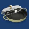 Sur La Table Kitchen Essential Main Canteen 9.5″ Pre-Seasoned Cast Iron Skillet w/Wood Handle, Natural Nonstick Lightweight Frying Pan for Searing, Sautéing & Everyday Cooking – Blue(Juniper Green (Braiser))
