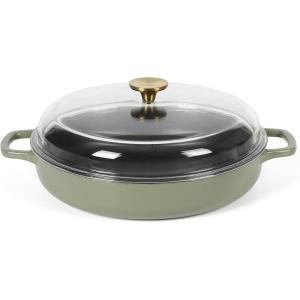 Sur La Table Kitchen Essential Main Canteen 9.5″ Pre-Seasoned Cast Iron Skillet w/Wood Handle, Natural Nonstick Lightweight Frying Pan for Searing, Sautéing & Everyday Cooking – Blue(Juniper Green (Braiser))