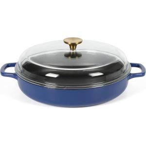 Sur La Table Kitchen Essential Main Canteen 9.5″ Pre-Seasoned Cast Iron Skillet w/Wood Handle, Natural Nonstick Lightweight Frying Pan for Searing, Sautéing & Everyday Cooking – Blue(Blue (Braiser))