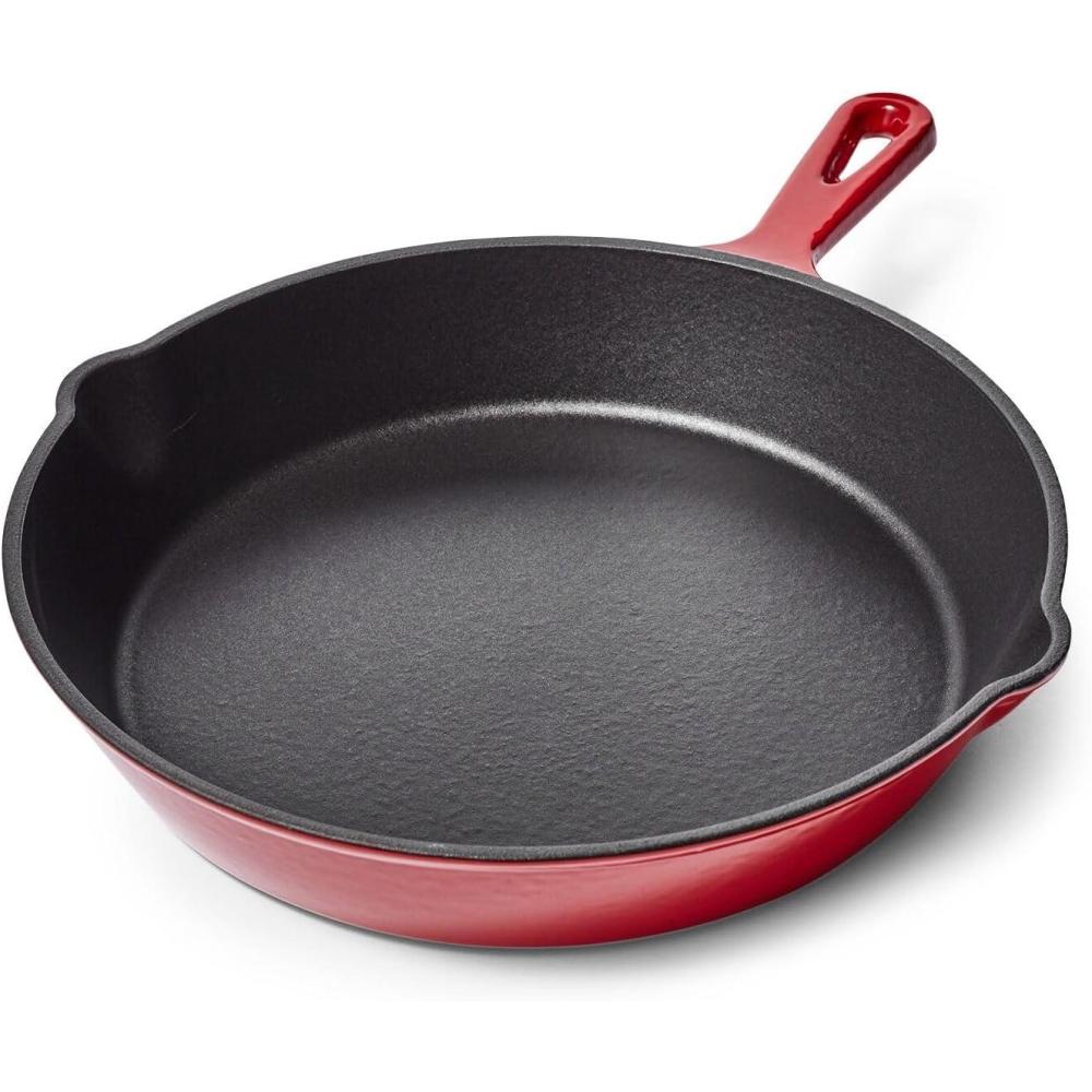 imageSur La Table Enameled Cast Iron Skillet 10 Frying Pan for Searing Sauting amp Baking Oven to 500F Induction Compatible Durable Nonstick Interior Even Heat Distribution Red