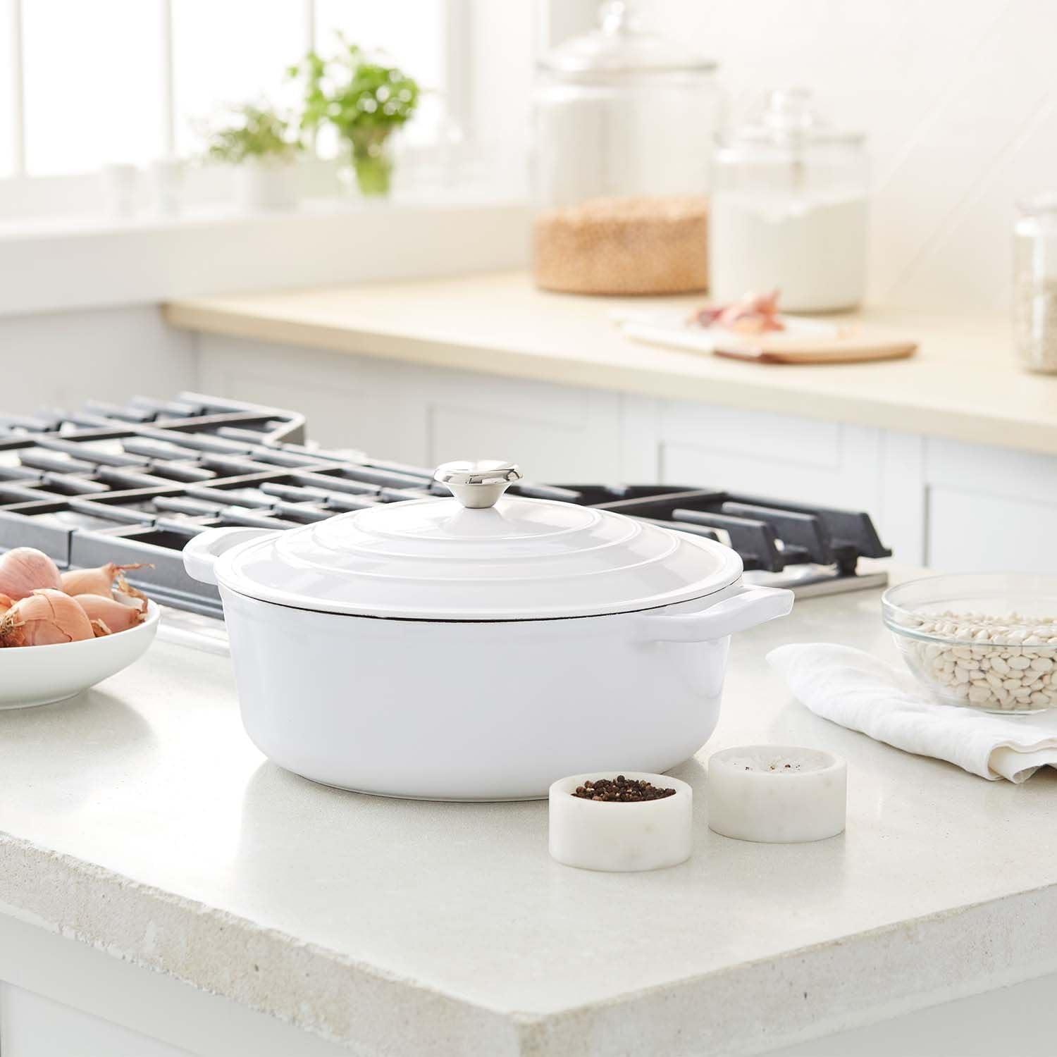 imageSur La Table 7Qt Enameled Cast Iron Dutch Oven With Lid for Braising Baking amp Deep Frying Induction Compatible Oven to 500F Seals in Moisture for Flavorful Results Light TealWhite