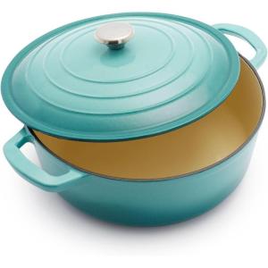 Sur La Table 7-Qt Enameled Cast Iron Dutch Oven – With Lid for Braising, Baking & Deep Frying, Induction Compatible, Oven to 500°F, Seals in Moisture for Flavorful Results, Light Teal(Light Blue)