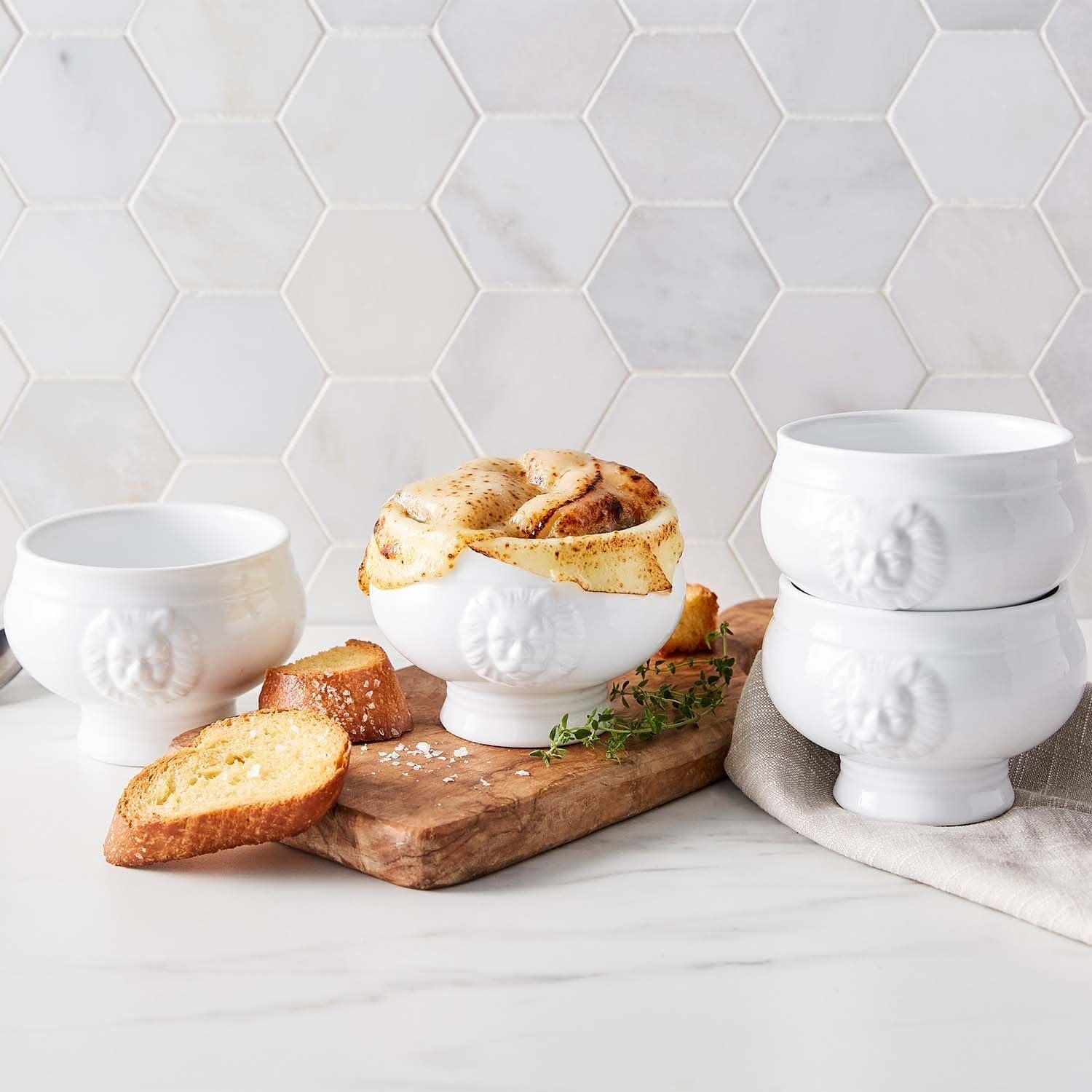 imageSur La Table White Porcelain Lions Head Soup Bowls Set of 4 Elegant 14 oz Serving Dishes for Stew amp Hot Meals Classic Dinnerware