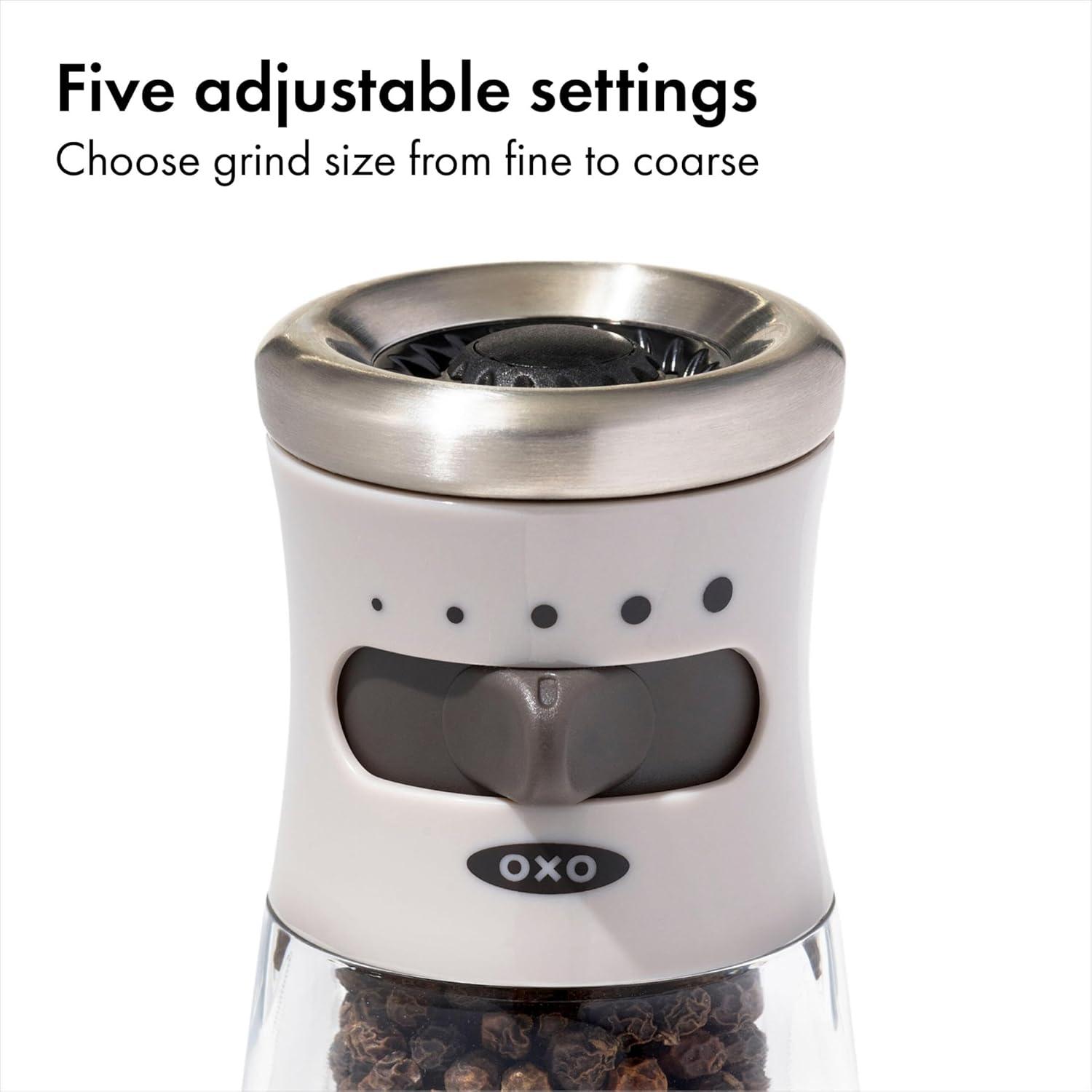 imageOXO Good Grips Contoured MessFree Pepper Grinder Adjustable Ceramic Grinder with Five Settings Black Pepper Mill for Home and Kitchen Spice Tool and Kitchen GadgetGray