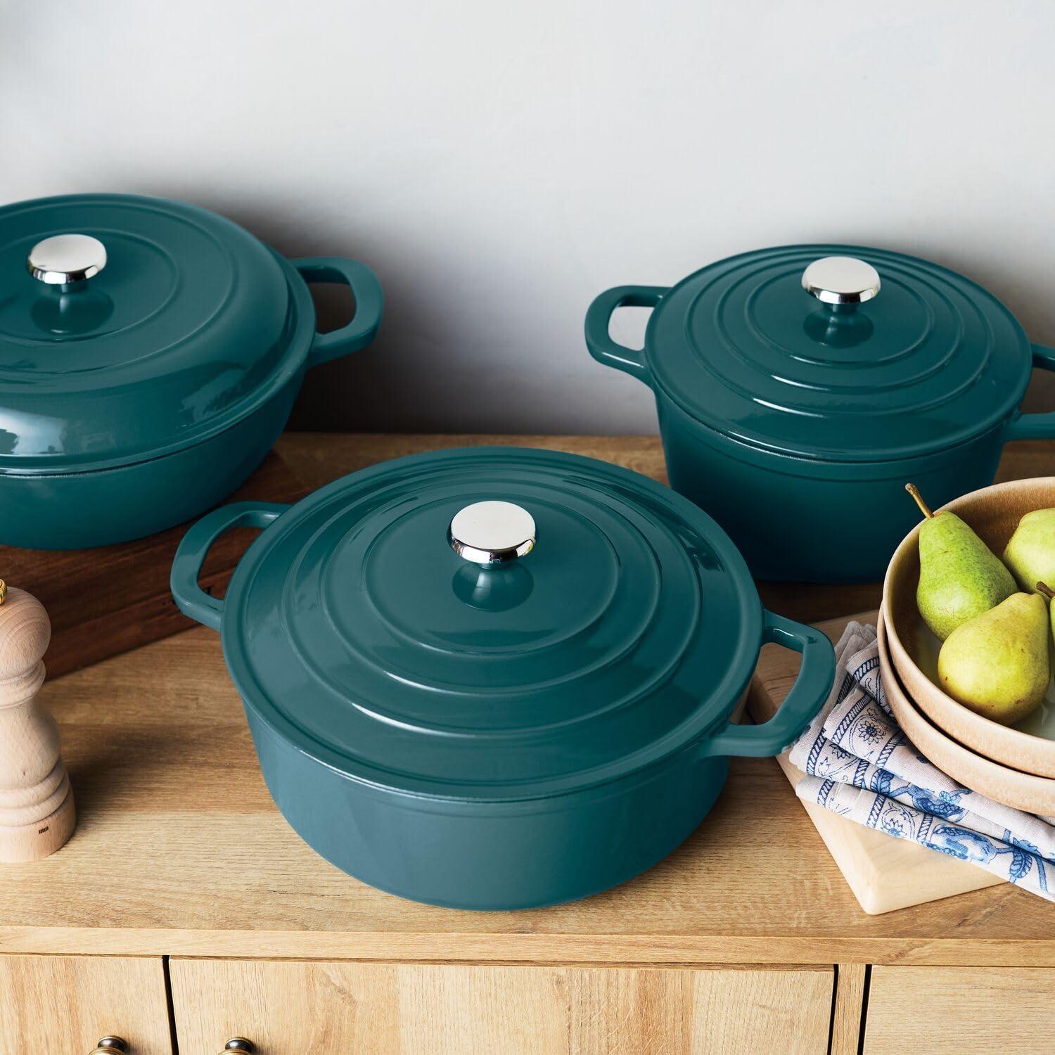 imageSur La Table 5Qt Enameled Cast Iron Dutch Oven With Lid for Braising Baking amp Deep Frying Induction Compatible Oven to 500F MoistureRetaining Design for Flavorful Results Dark Teal
