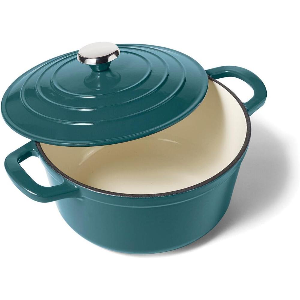 imageSur La Table 5Qt Enameled Cast Iron Dutch Oven  With Lid for Braising Baking amp Deep Frying Induction Compatible Oven to 500F MoistureRetaining Design for Flavorful Results Dark Teal