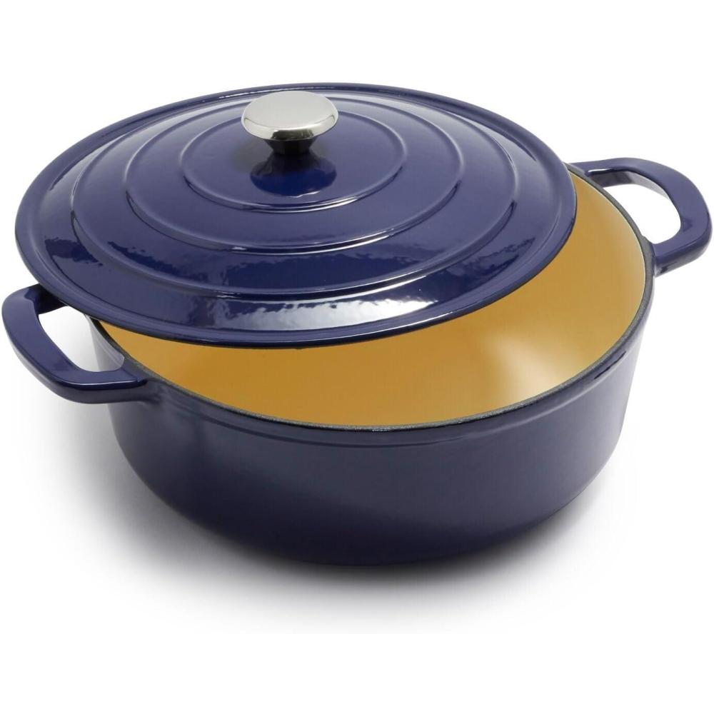 imageSur La Table 7Qt Enameled Cast Iron Dutch Oven With Lid for Braising Baking amp Deep Frying Induction Compatible Oven to 500F Seals in Moisture for Flavorful Results BlueBlue