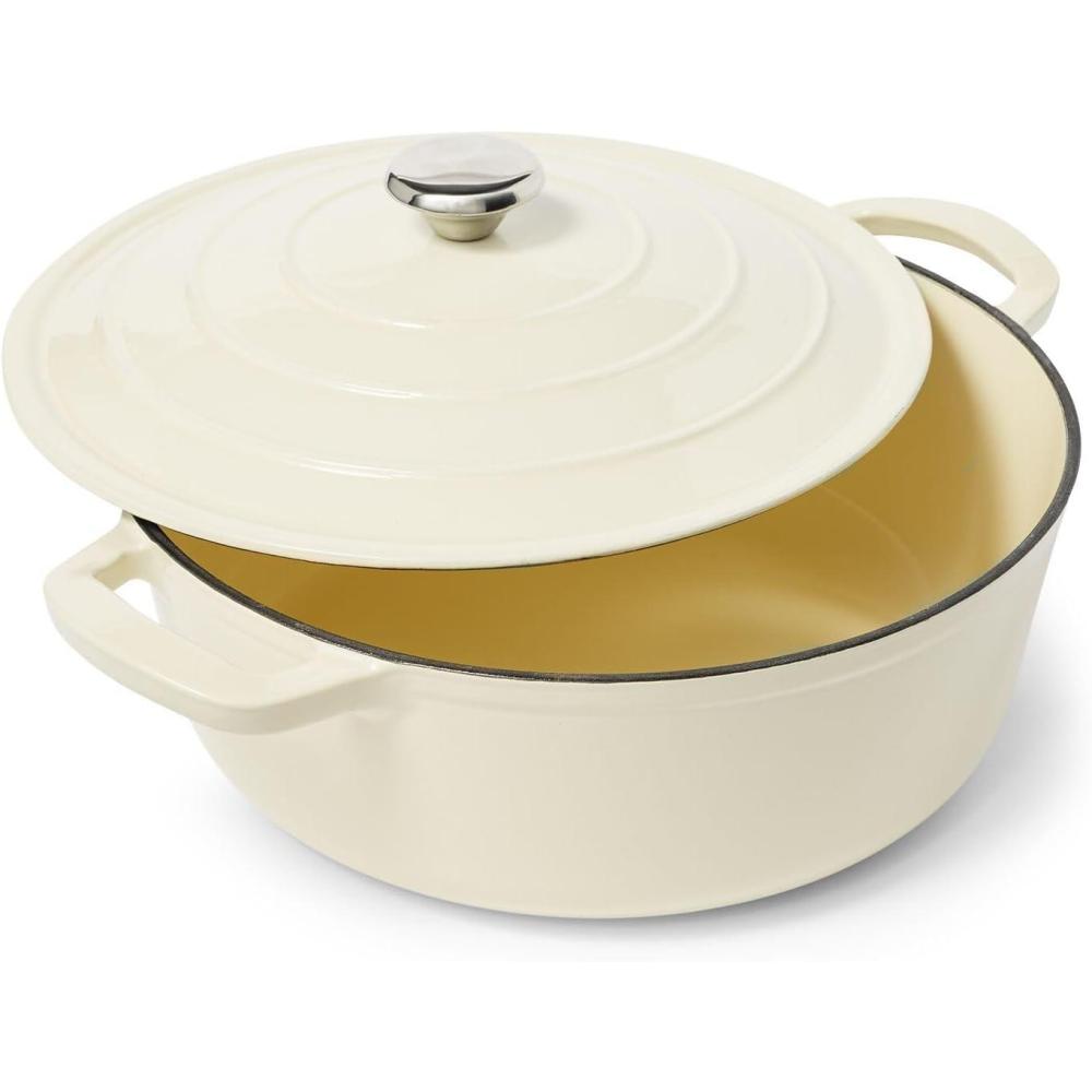 imageSur La Table 7Qt Enameled Cast Iron Dutch Oven With Lid for Braising Baking amp Deep Frying Induction Compatible Oven to 500F Seals in Moisture for Flavorful Results BlueAlmond