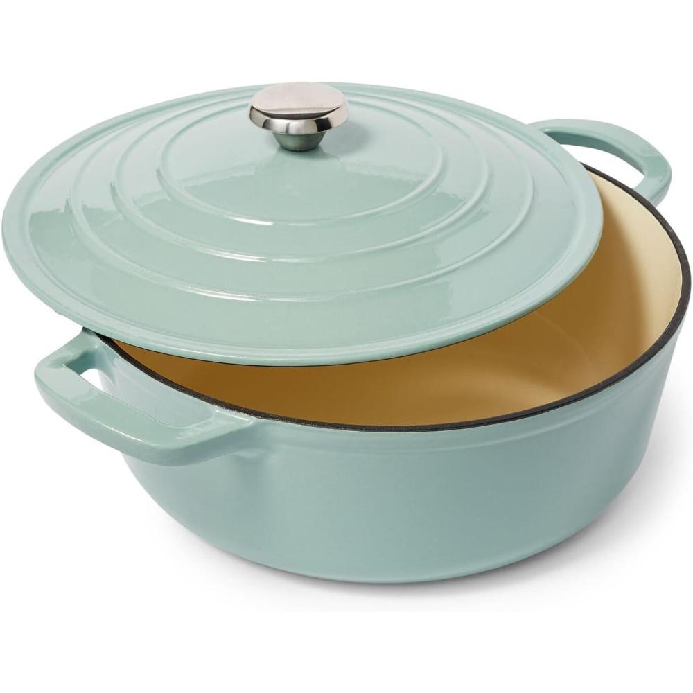 imageSur La Table 7Qt Enameled Cast Iron Dutch Oven  With Lid for Braising Baking amp Deep Frying Induction Compatible Oven to 500F Seals in Moisture for Flavorful Results BlueLight Teal