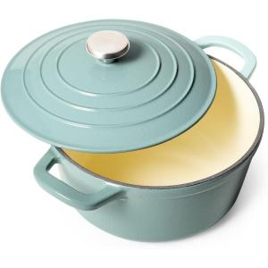 Sur La Table 5-Qt Enameled Cast Iron Dutch Oven – With Lid for Braising, Baking & Deep Frying, Induction Compatible, Oven to 500°F, Moisture-Retaining Design for Flavorful Results, Light Teal