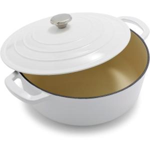 Sur La Table 7-Qt Enameled Cast Iron Dutch Oven – With Lid for Braising, Baking & Deep Frying, Induction Compatible, Oven to 500°F, Seals in Moisture for Flavorful Results, Blue(White)