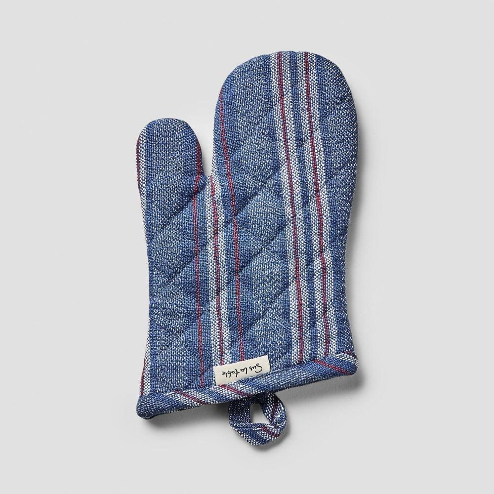 imageSur La Table Blue Stripe Oven Mitt Long HeatResistant Cotton Oven Mitt with Classic Blue Stripe for Oven and Stovetop Use