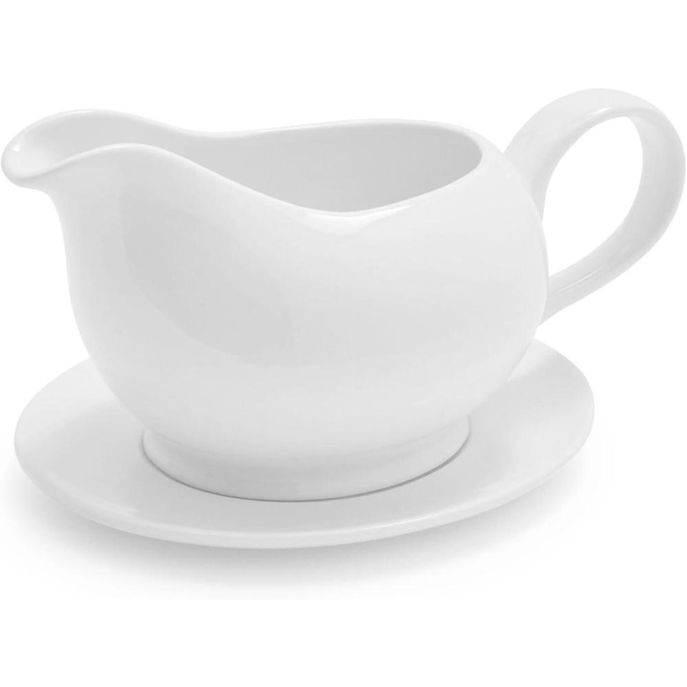 imageSur La Table Porcelain Gravy Boat with Saucer Classic White Lidded Vessel and DripCatching Saucer for Table Service