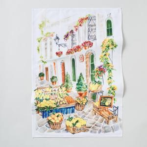 Sur La Table Italian Vialetto Kitchen Towel, Illustrated Cotton with Italian Village and Vineyard Design